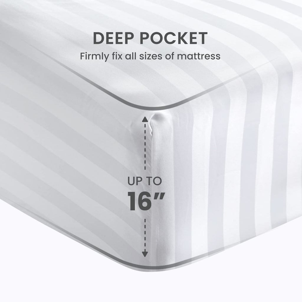 Sleep Zone Striped Cooling Sheets Set Full Size - Fitted Flat Sheet & Pillowcase Sets 4 Piece - Super Soft Stripe Bed Sheet, Easy Care, Deep Pocket (White, Full)