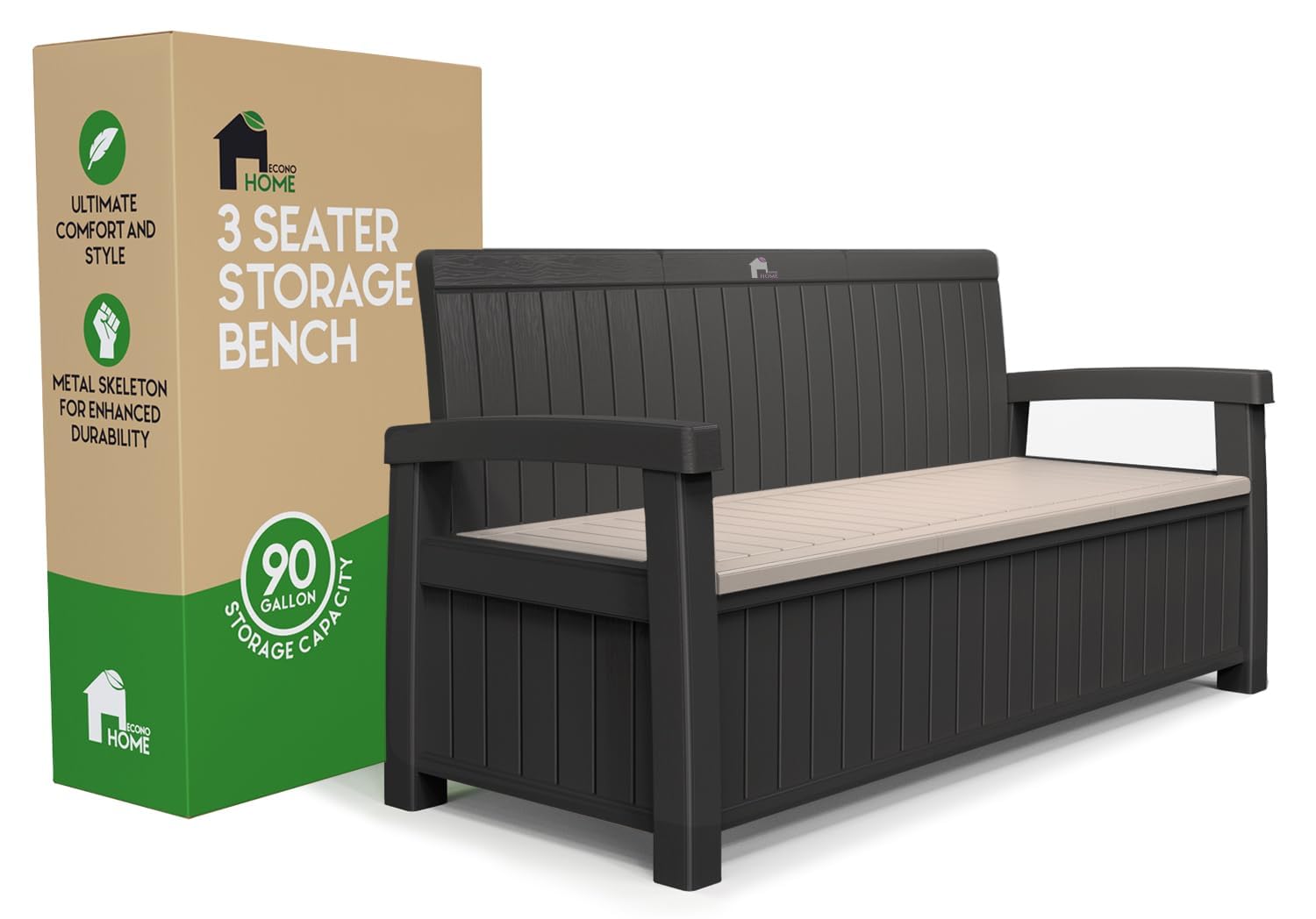 Econohome 3 Seat Outdoor Storage Bench - 90 Gallon Capacity - Weatherproof Resin Bench For Patio, Porch, Garden, Yard, Pool Area - Furniture For Pool Accessories, Gardening Tools, Toys