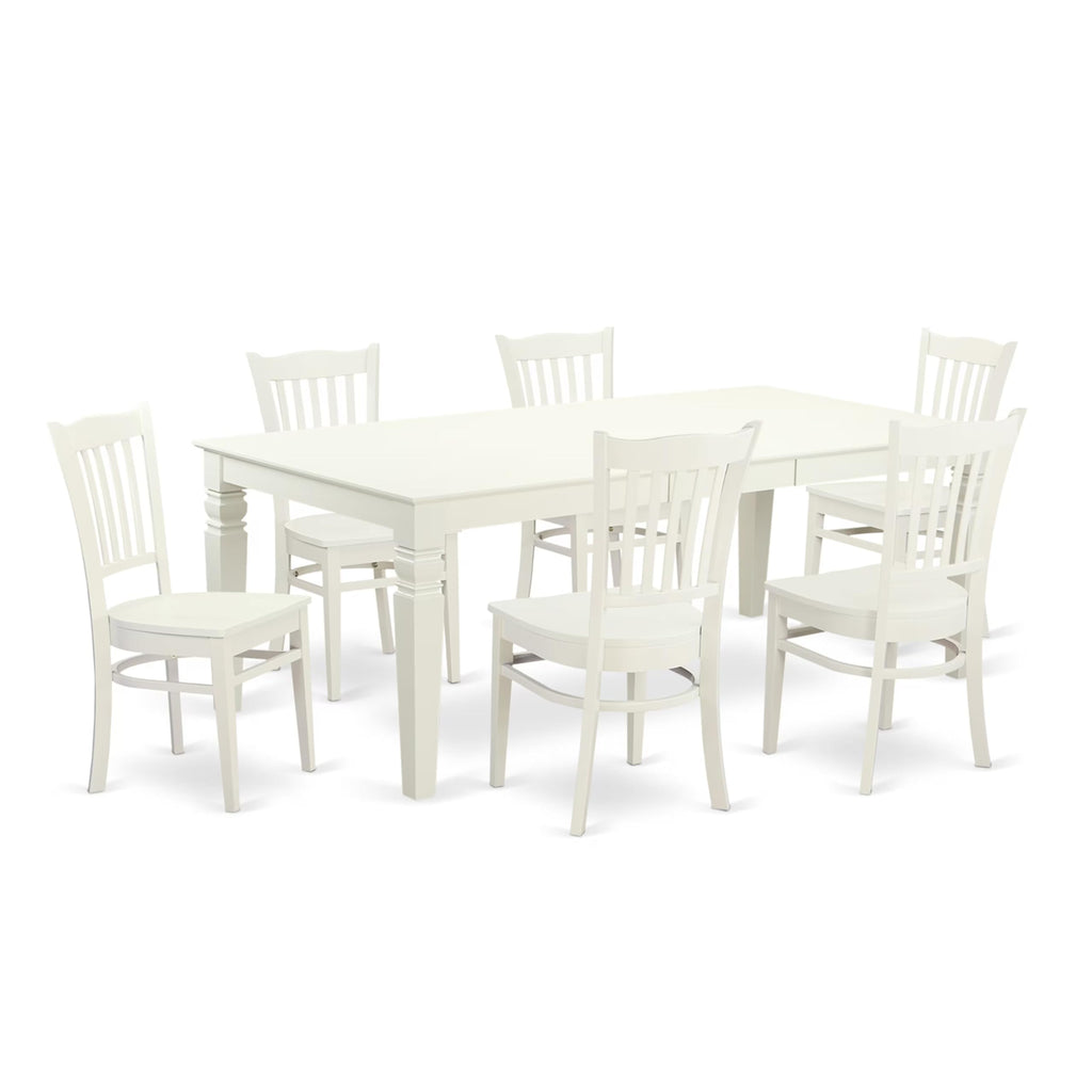 East West Furniture LGGR7-LWH-W 7 Piece Dining Table Set Consist of a Rectangle Dining Room Table with Butterfly Leaf and 6 Wood Seat Chairs, 42x84 Inch, Linen White