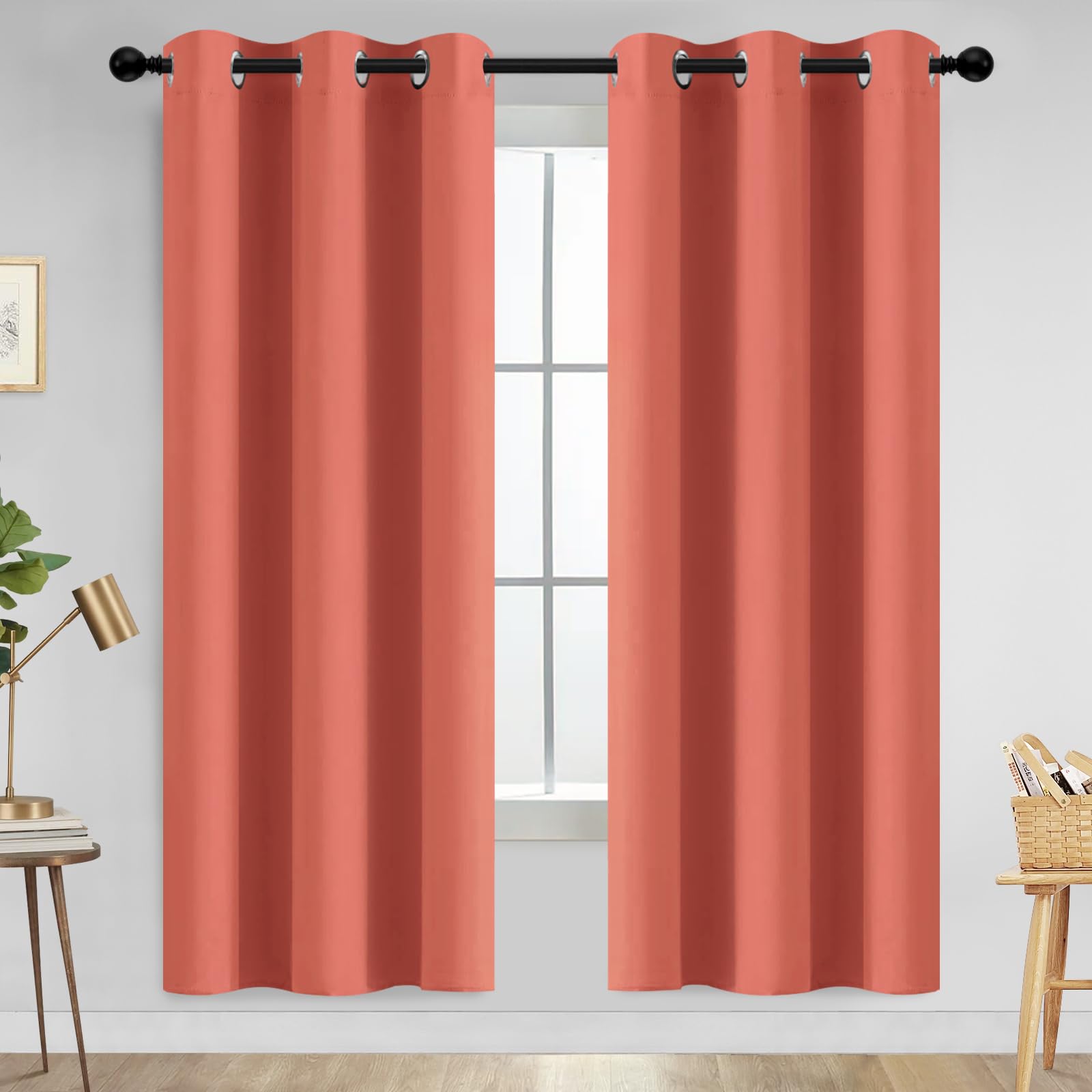 Yakamok Thermal Curtains Blackout Curtain Panels, Room Darkening Solid Grommet Top Window Drapes For Dedroom, 42X72 Inch, Coral