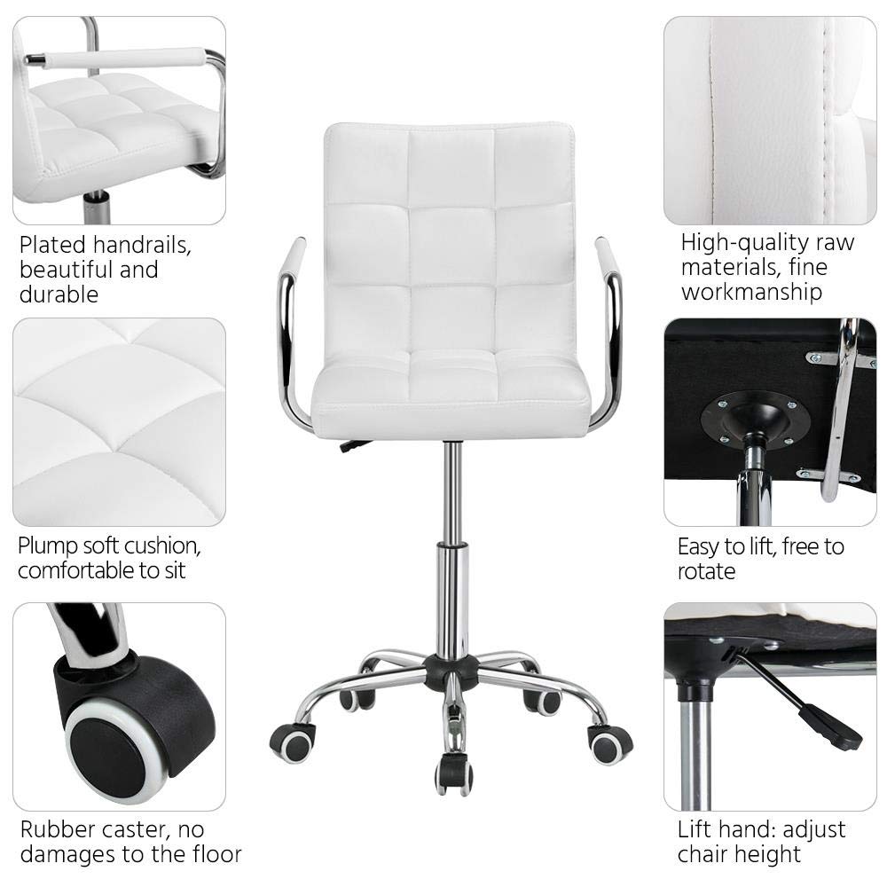 Yaheetech White Desk Chairs With Wheels/Armrests Modern Pu Leather Office Chair Midback Adjustable Home Computer Executive Chair 360° Swivel