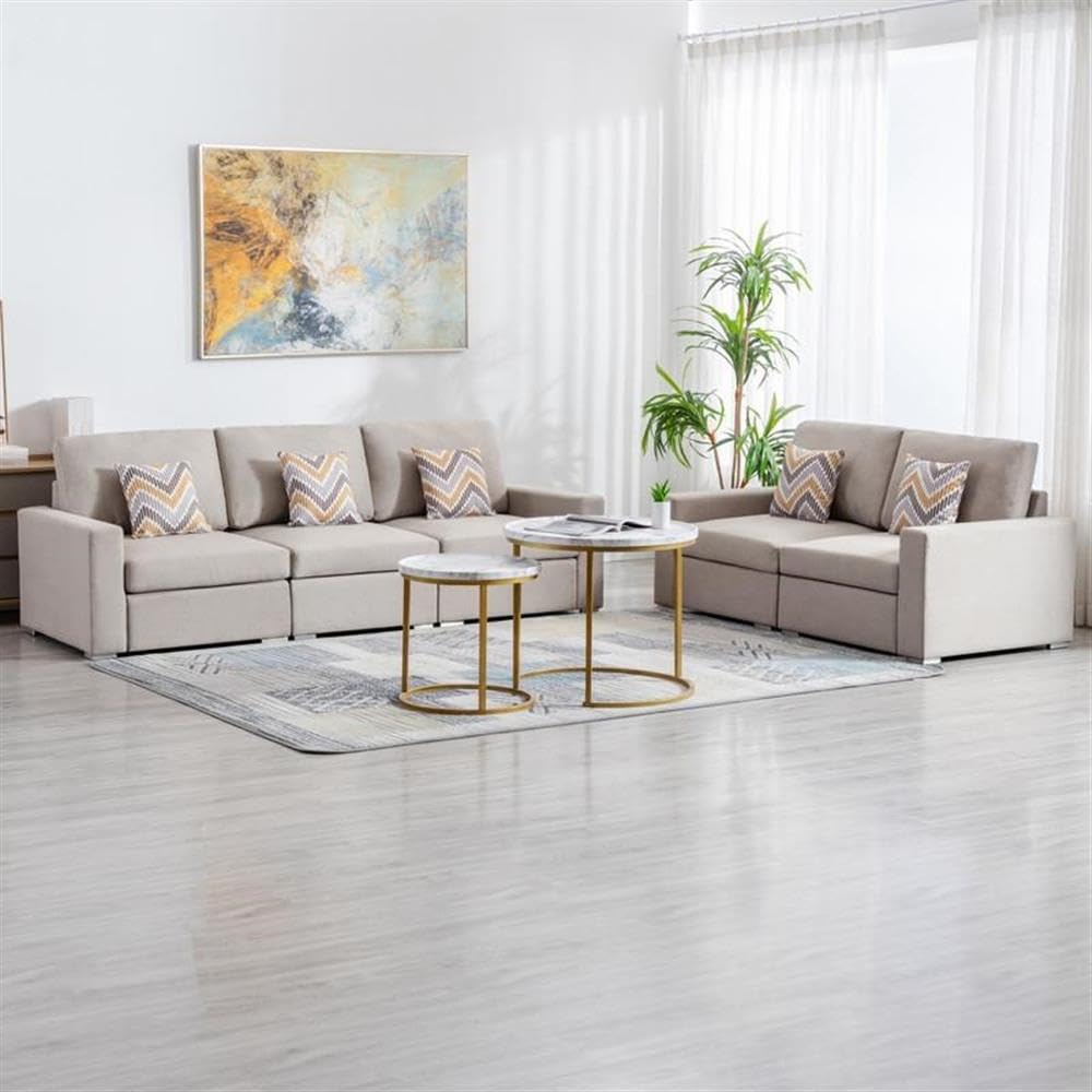 Lilola Home Nolan Beige Linen Fabric Sofa and Loveseat Living Room Set with Pillows and Interchangeable Legs