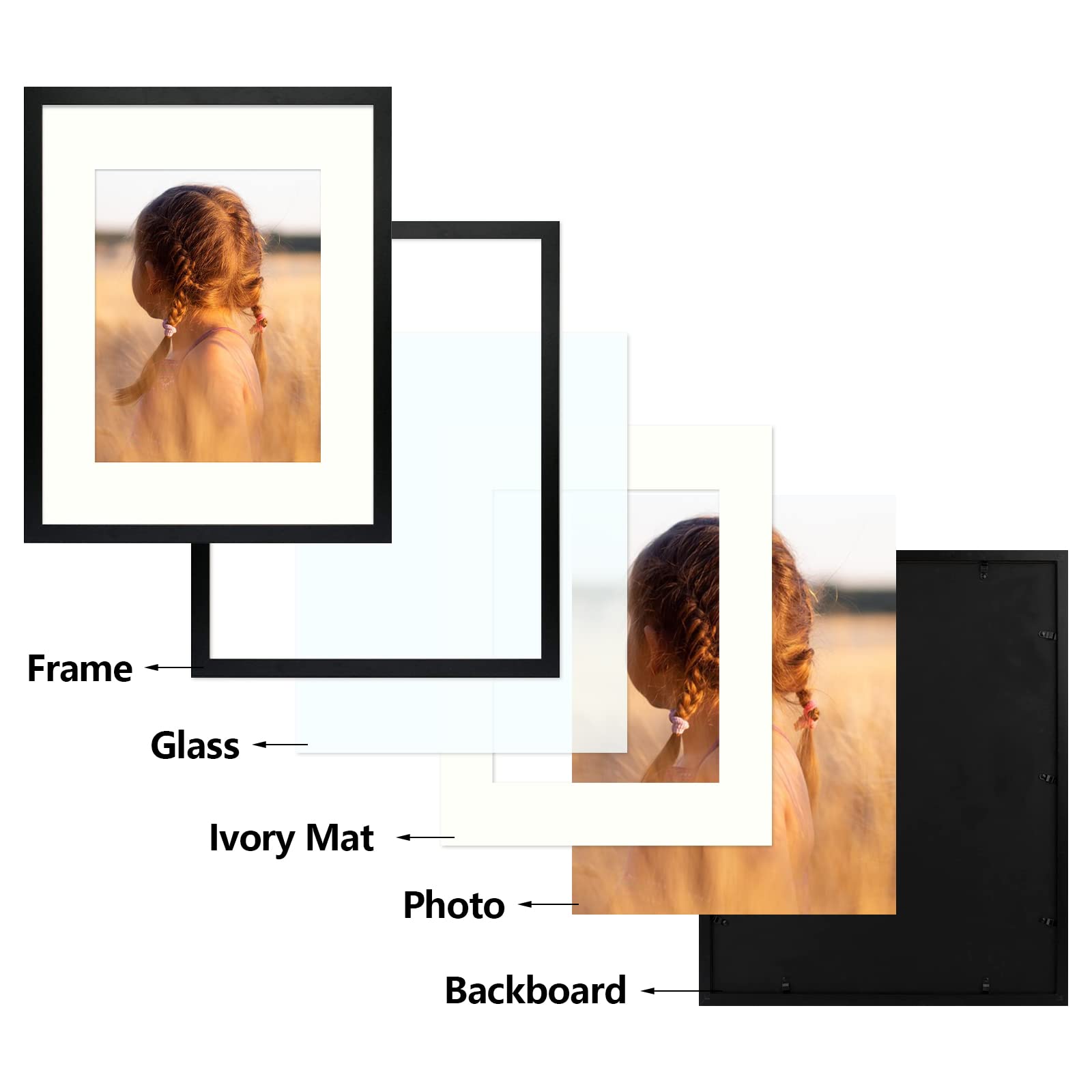 Golden State Art, Simple And Stylish Picture Frame With Ivory Color Mat & Real Glass Vertical Horizontal Display (16X20, Black)