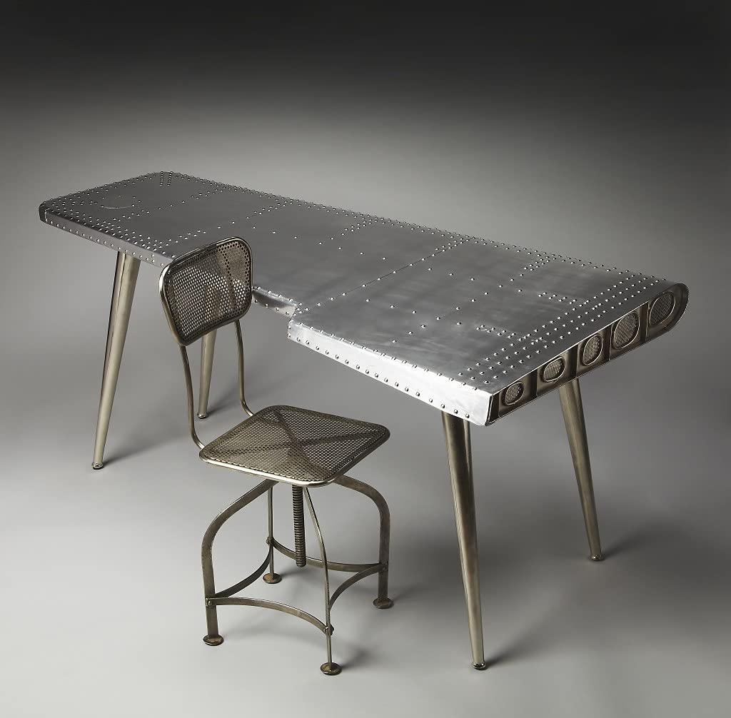 HomeRoots Aluminum, Steel, MDF, Wood Solids Funky Silver Wing Desk