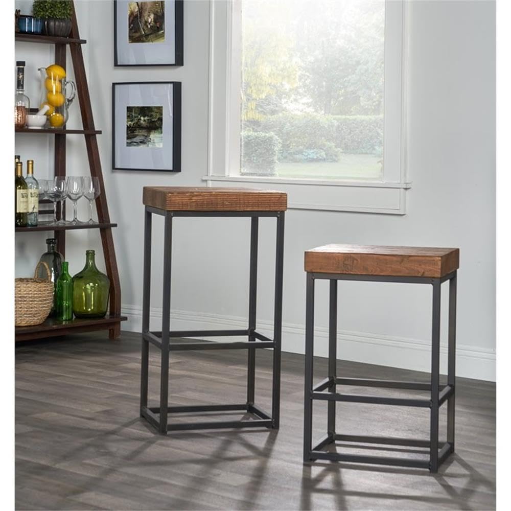 Kosas Home Reclaimed Pine & Iron Porter Barstool, Rustic Mahogany/Antiqued Bronze Iron