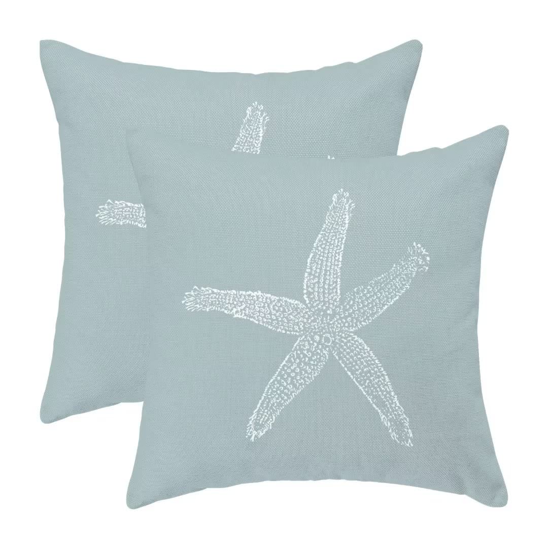 Aeioae Coastal Pillow Covers 18 X 18 Inch Set Of 2, Seafoam Blue Starfish Throw Pillow Covers Beach Pillowcase Linen Nautical De