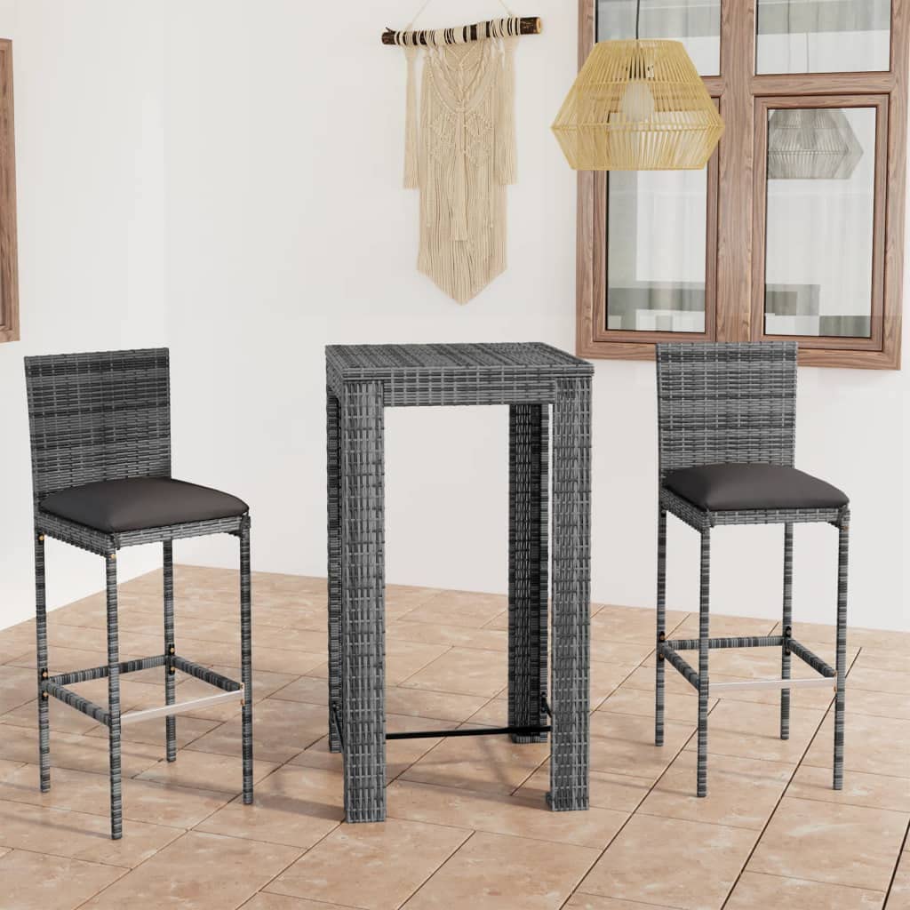 vidaXL Patio Bar Set 3 Piece, Bistro Set for Outdoor Porch Yard, Bar Stool with Cushions, Bistro Table, Farmhouse Modern Style, Poly Rattan Gray