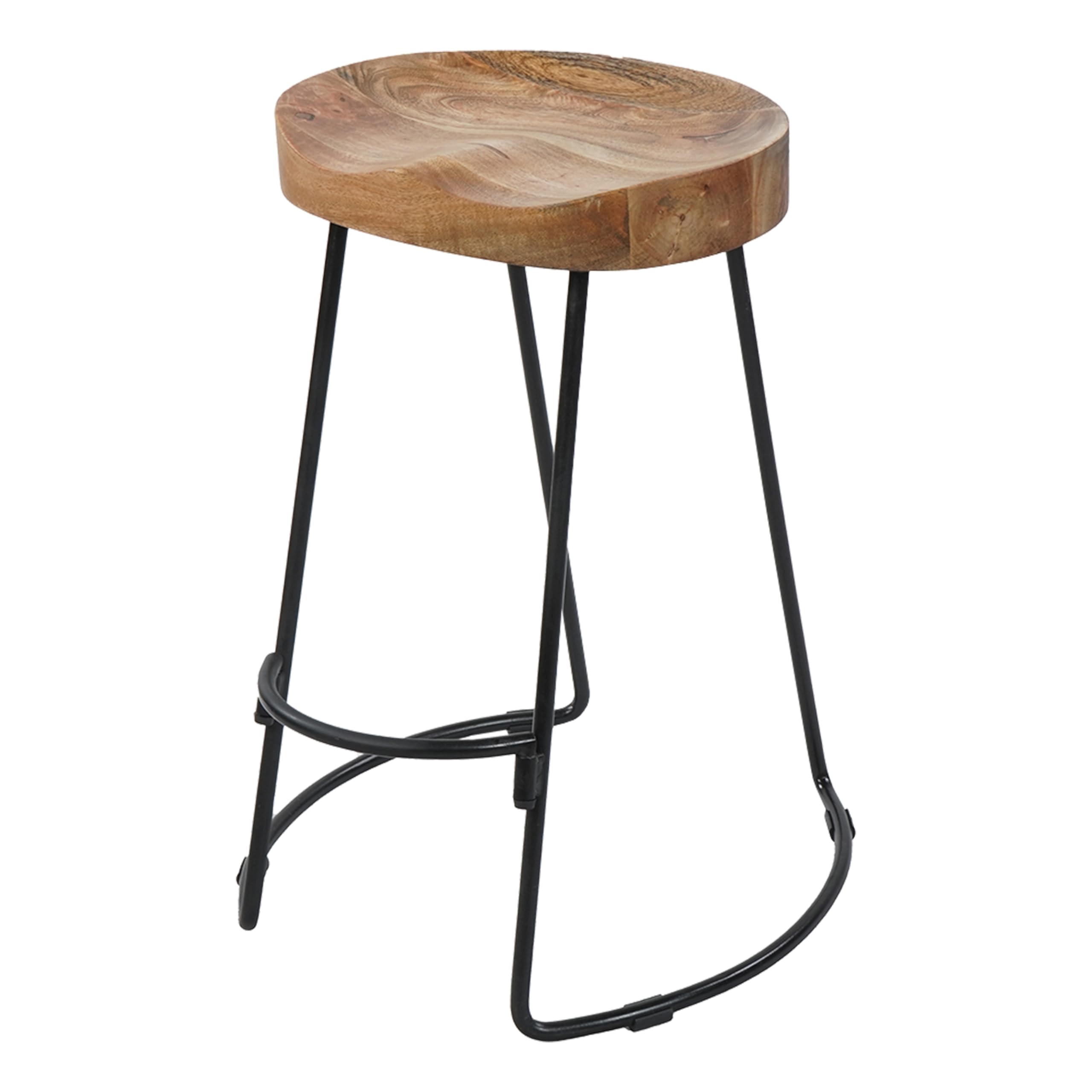 The Urban Port Ela 24 Inch Mango Wood Industrial Counter Height Stool, Saddle Seat, Iron, Set of 2, Brown, Black