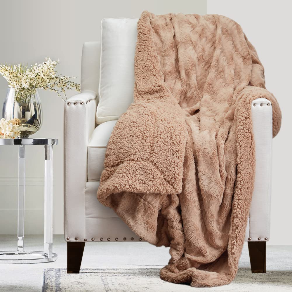 The Connecticut Home Company Throw Blanket, Soft Plush Reversible Shag And Sherpa, 70X60, Warm Thick Throws For Bed, Comfy Washable Bedding Accent Blankets For Sofa Couch Chair, Dusty Rose