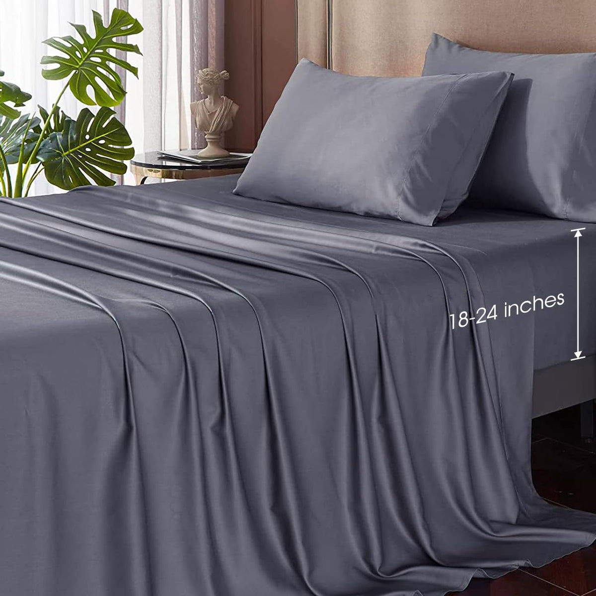 Hyprest Cooling Sheets King, Rayon Derived From Bamboo, Extra Deep Pocket Sheets Fits 18'-24' Thick Mattress, Grey Luxury Silk