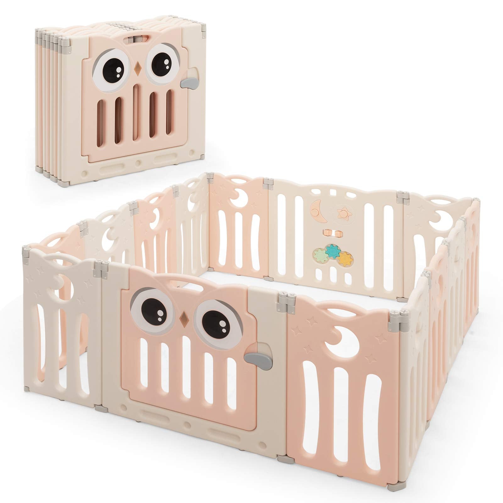 Costzon Foldable Baby Playpen Baby Fence with Lock Door, Rubber Pads & Anti-Slip Rubber Bases, Indoor Outdoor Safety with Adjust