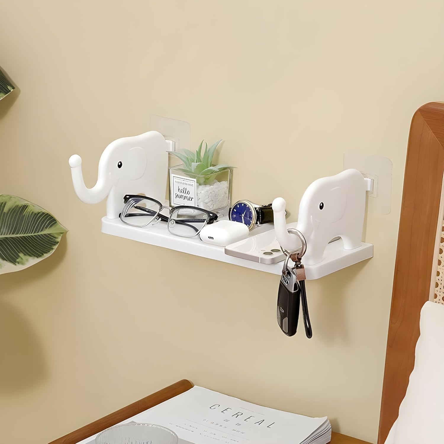 Elephant Wall Shelf, White, Adhesive Floating Shelf With Hook, Cute Cartoon Style, Bedroom Organiser