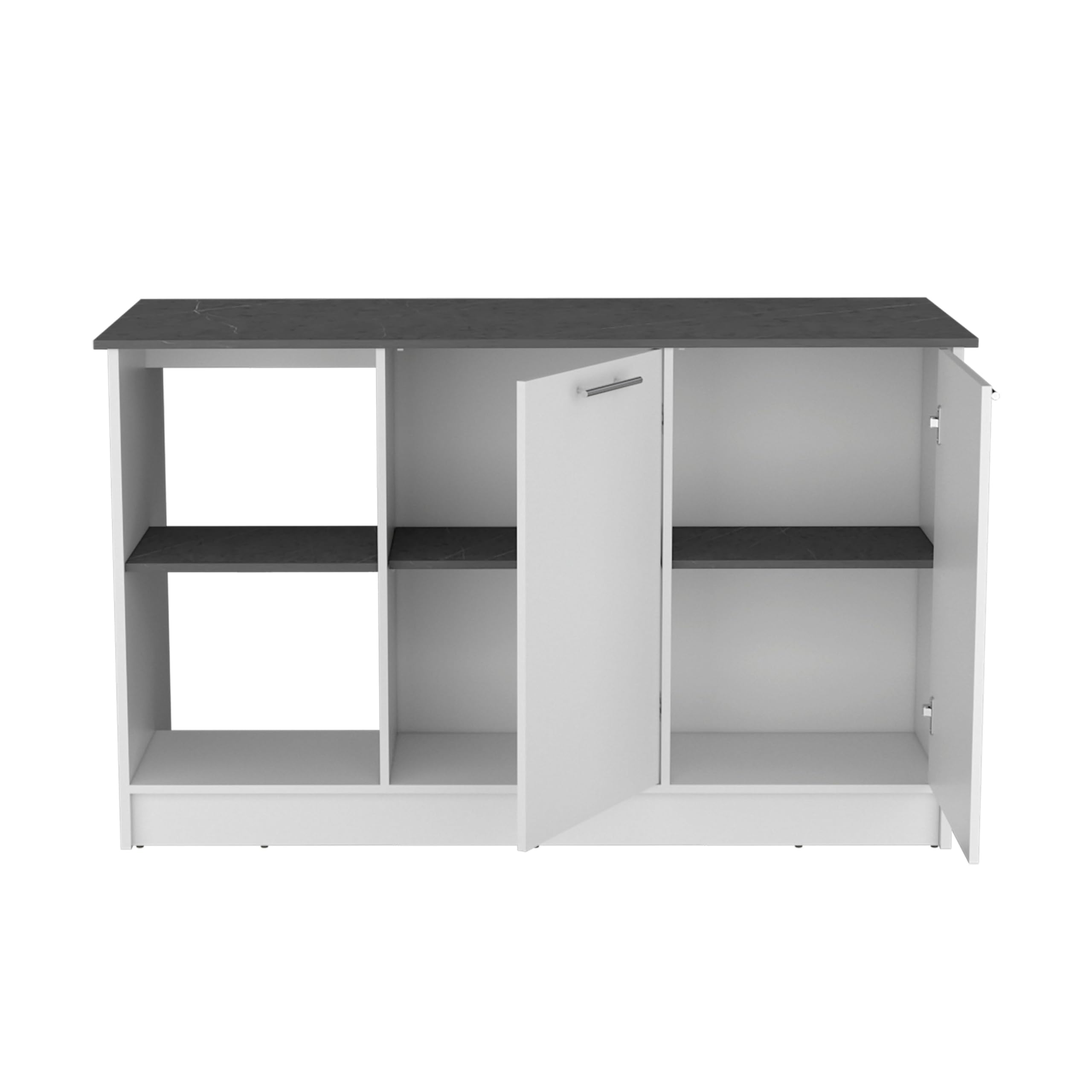 Depot E-Shop Coral Kitchen Island With Large Countertop, Open Storage Shelves And Double Door Cabinet, White/Onyx