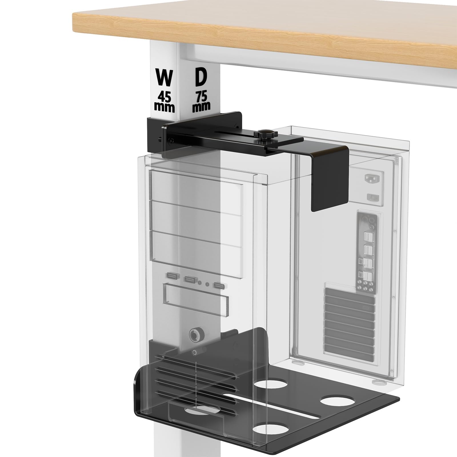 Under Desk PC Mount, No-Drill Clamp-On Computer Tower Stand for Standing Desks, Heavy-Duty Steel Holder Fits 7545mm Desk Legs, A