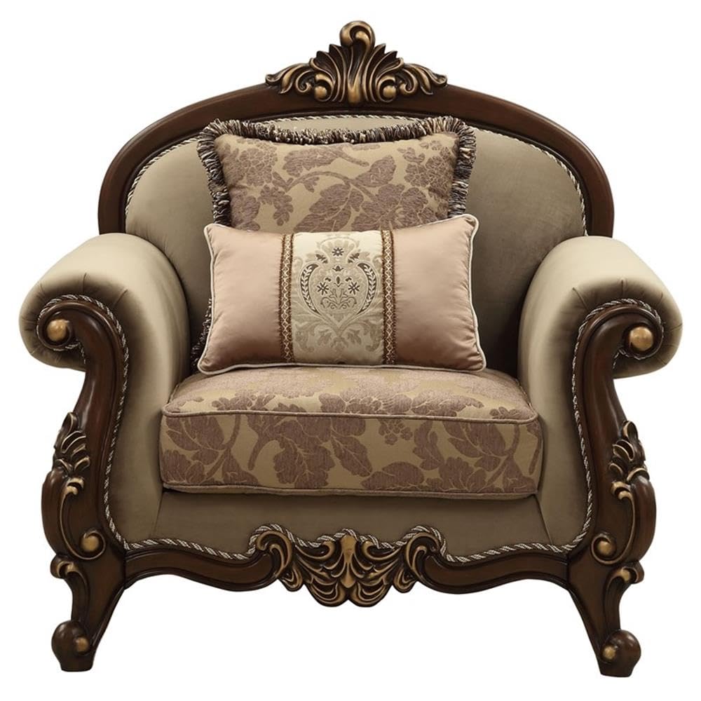 Acme Mehadi Rolled Arm Chair with 2 Pillows in Walnut
