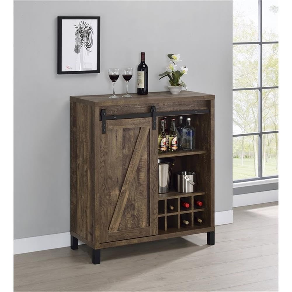 Coaster Furniture Sliding Door Rustic Oak Bar Cabinet 35.5" W x 15.5" D x 41.75" H 182852
