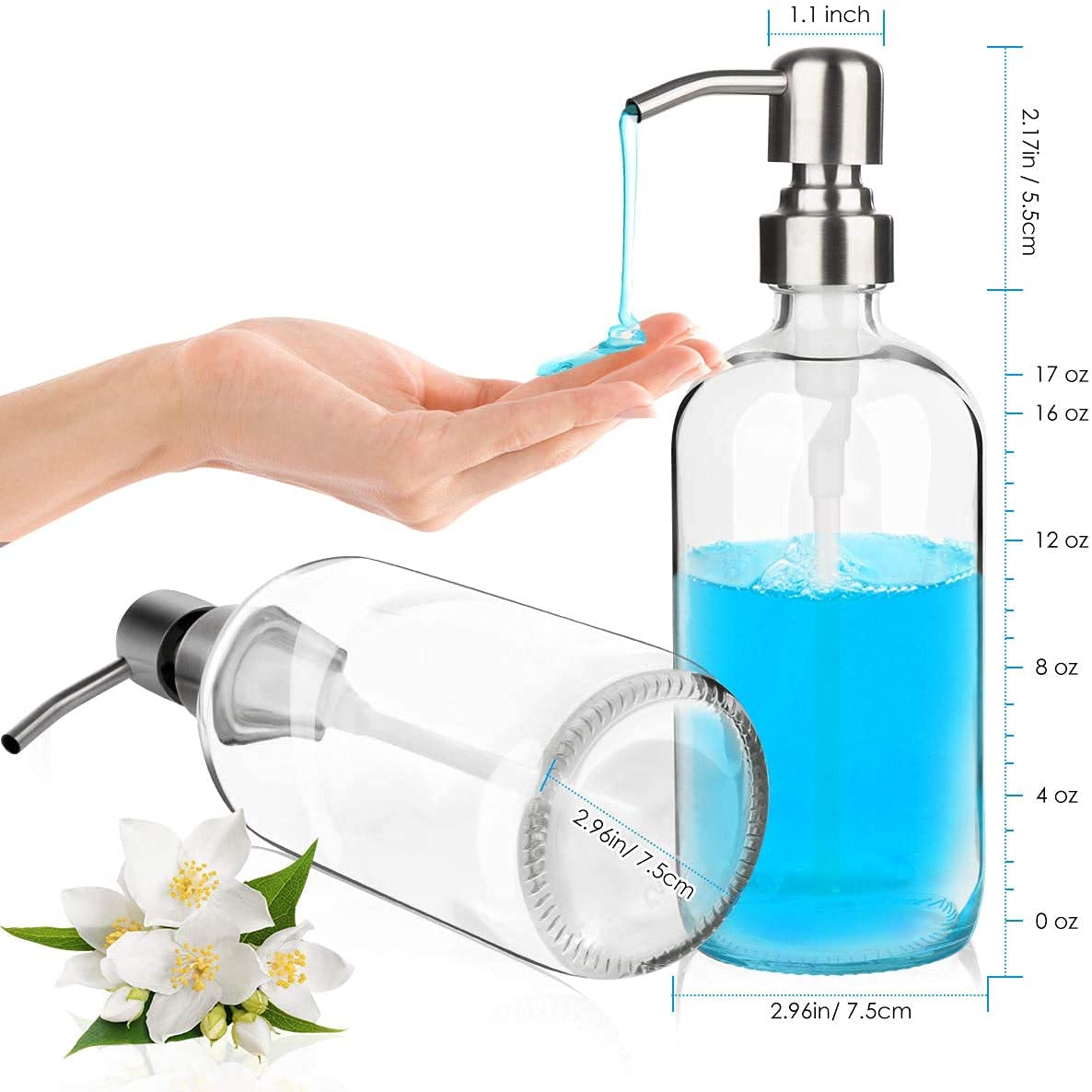 Arktek 2 Pack Glass Soap Dispenser - Clear Dish Soap Dispenser For Kitchen, Refillable Liquid Hand Soap Dispenser With Rust Proo