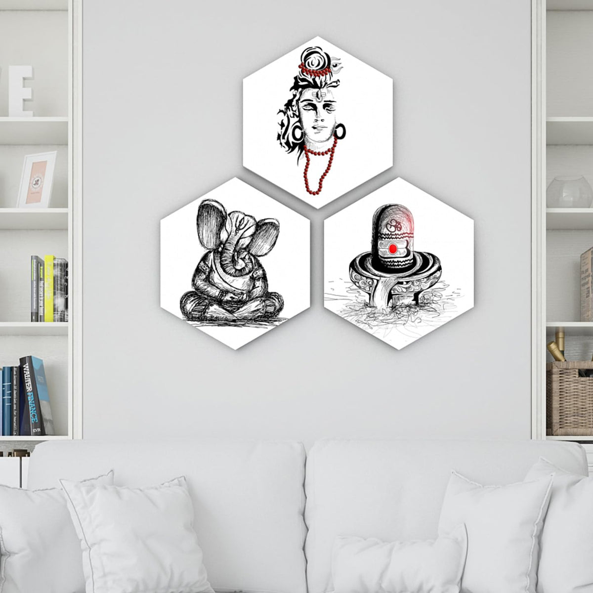 Decor Palace Wood Set Of 3 Hexagon Wall Art | Modern Art 5 Mm Mdf | Vibrant Colors Panels For Pooja Room | Living Room Vastu | M