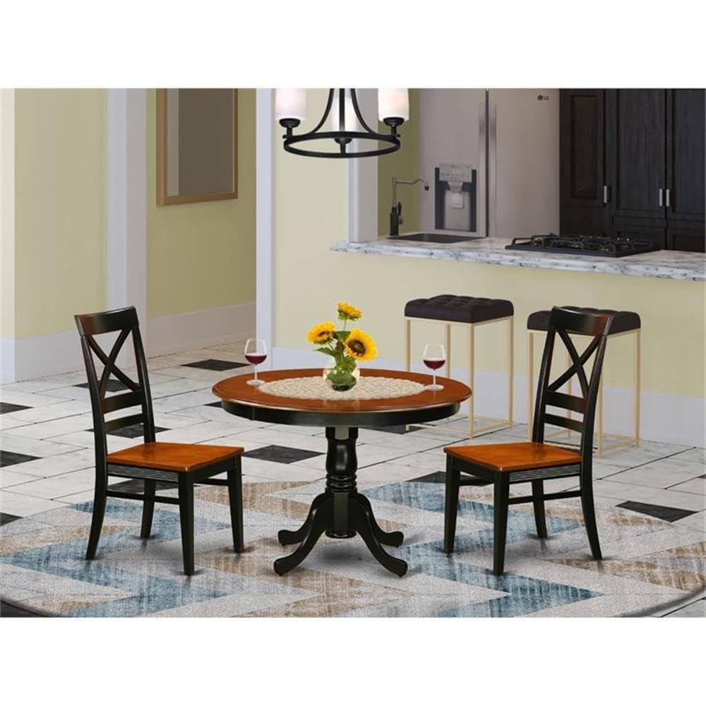 East West Furniture Hartland 3 Piece Set for Small Spaces Contains a Round Dining Room Table with Pedestal and 2 Wooden Seat Chairs, 42x42 Inch, Black & Cherry