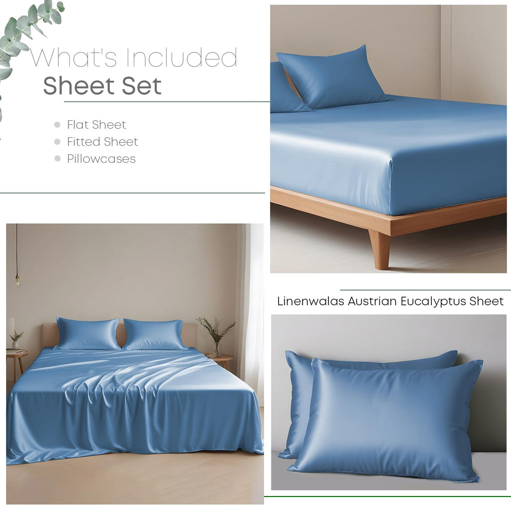 Linenwalas Eucalyptus Silk Tencel Sheets Set Queen Size 4Pc - Blue Bedding Lyocell 16'' Deep Pocket Sheets - Soft Breathable & C