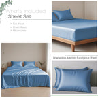Linenwalas Eucalyptus Silk Tencel Sheets Set Queen Size 4Pc - Blue Bedding Lyocell 16'' Deep Pocket Sheets - Soft Breathable & C