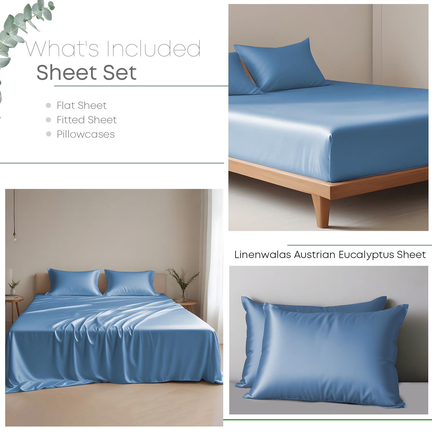 Linenwalas Eucalyptus Silk Tencel Sheets Set Queen Size 4Pc - Blue Bedding Lyocell 16'' Deep Pocket Sheets - Soft Breathable & C