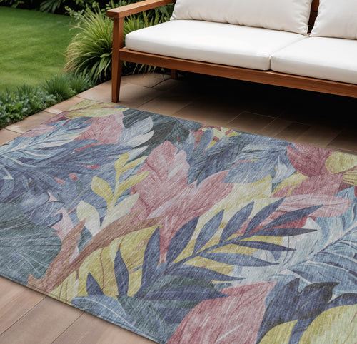 10 X 14 Denim Blue And Blush Floral Washable Indoor Outdoor Area Rug