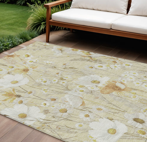10 X 14 Wheat And Ivory Floral Washable Indoor Outdoor Area Rug