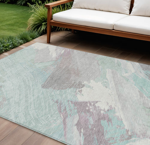 10 X 14 Blue Teal Blue And Gray Abstract Washable Indoor Outdoor Area Rug