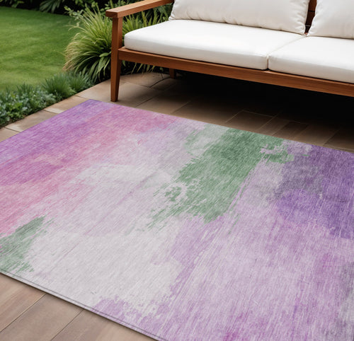 10 X 14 Lilac Lavender And Green Abstract Washable Indoor Outdoor Area Rug