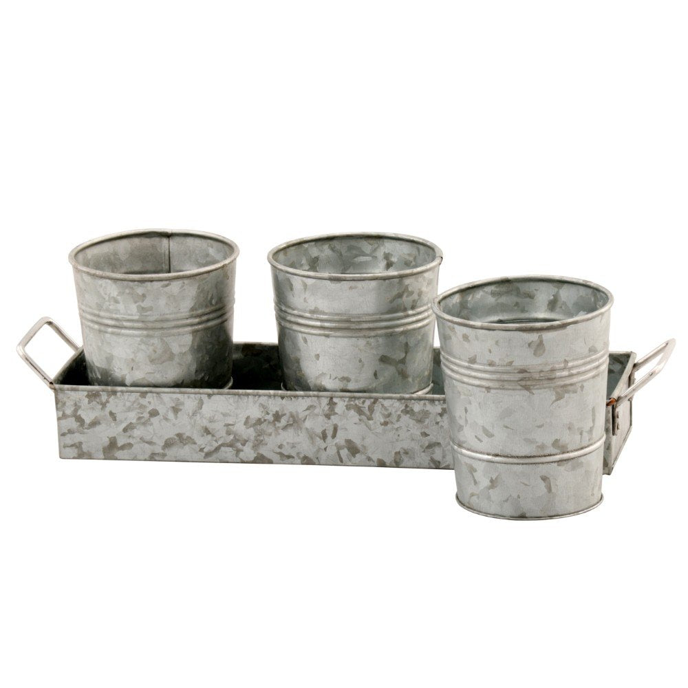 Benzara Galvanized Set of Three Planters with Tray, Gray