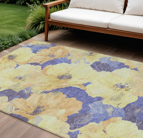 10 X 14 Wheat And Purple Floral Washable Indoor Outdoor Area Rug