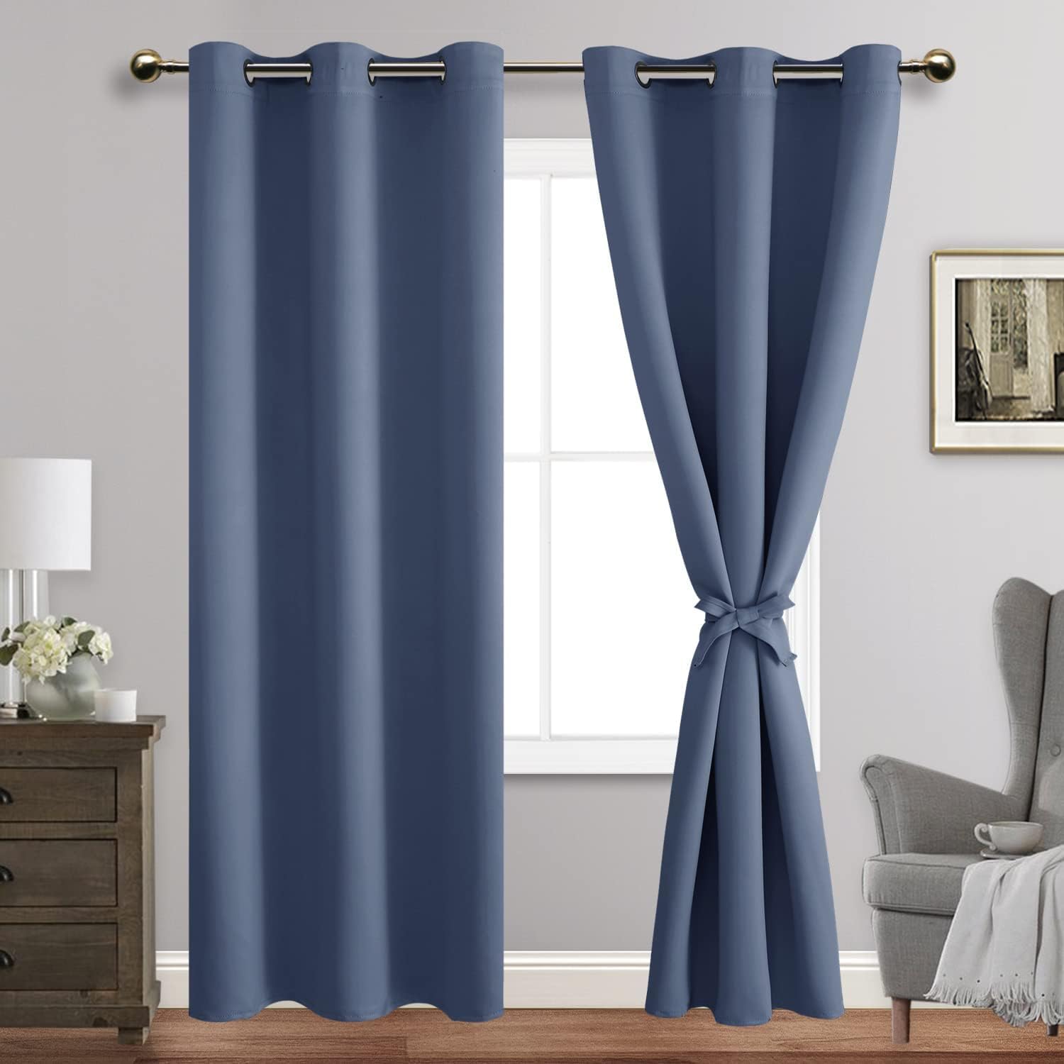 Jiuzhen Dusty Blue Blackout Curtains For Bedroom - Light Blocking And Noise Reducing Grommet Curtains For Living Room Darkening Curtains, Set Of 2 Window Curtain Panels, 42 X 96 Inch Length