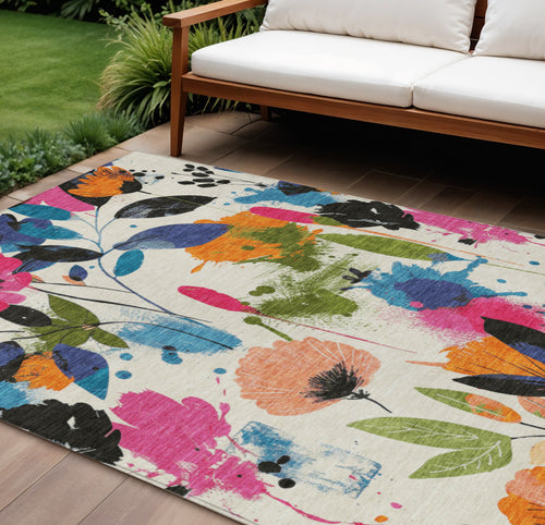10 X 14 Ivory Pink Orange And Blue Floral Washable Indoor Outdoor Area Rug