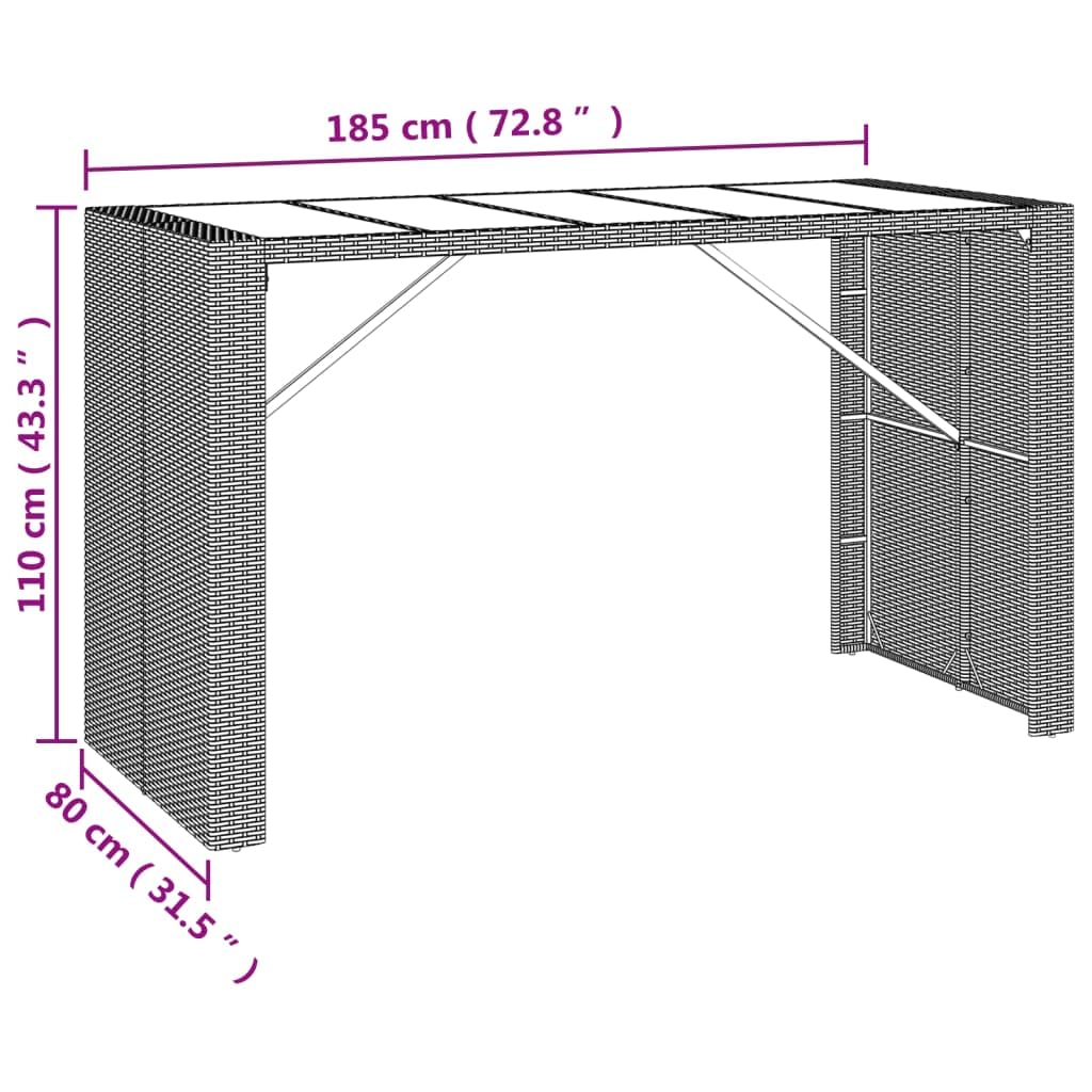 vidaXL Poly Rattan Bar Table with Glass Top - Weather-Resistant Outdoor/Garden Table - Brown - 72.8"x31.5"x43.3"