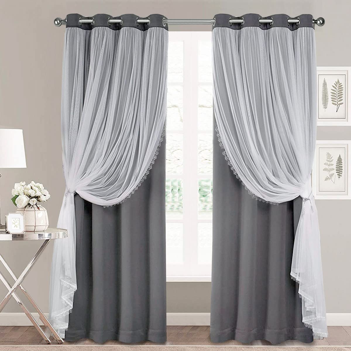SOFJAGETQ Dark Grey Blackout Curtains 96 Inch Length with White Sheer Voile - Double Layered Mix and Match Nursery Grommet Curtains for Living Room,52 by 96 in, 2 Pieces