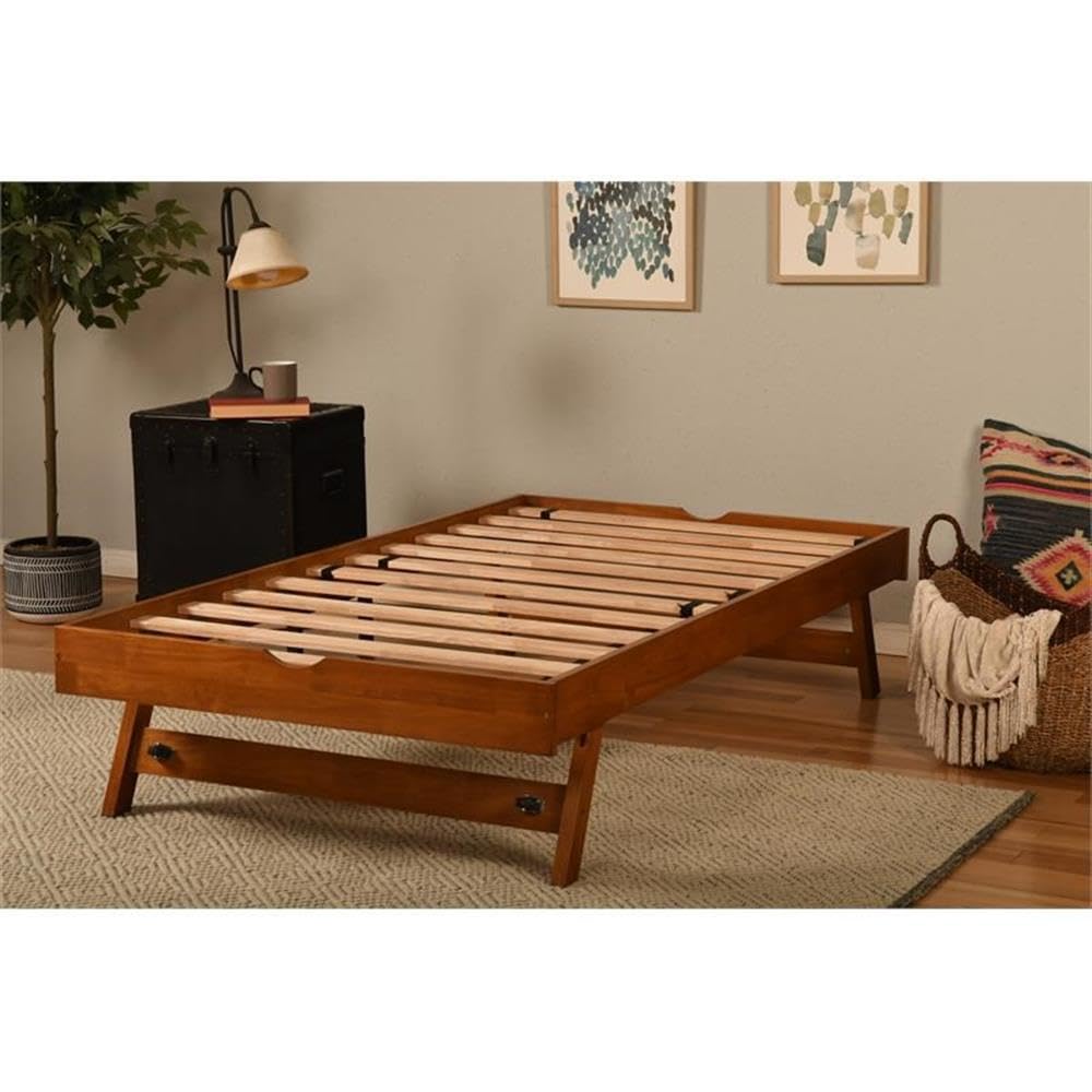 Kodiak Furniture Boho Wood Pop Up Bed in Barbados Brown w/Linen Stone Mattress