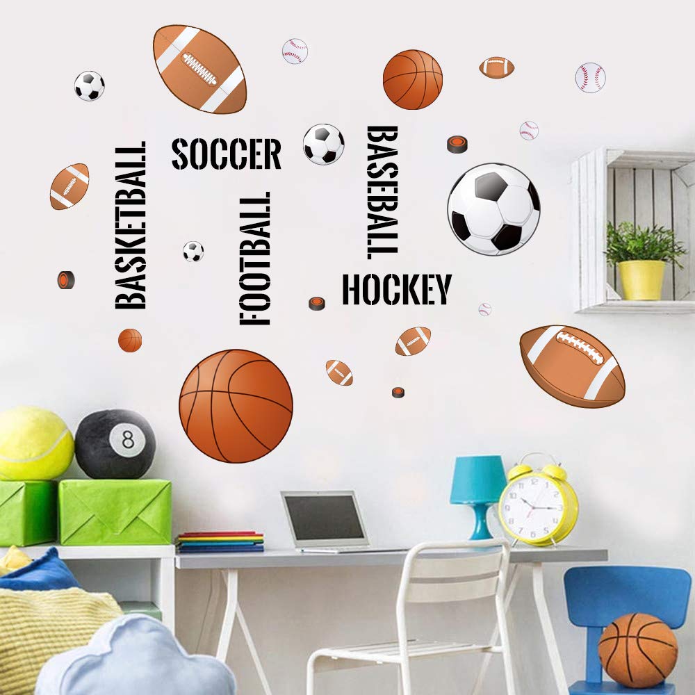 Supzone Sport Balls Wall Stickers Boys Wall Decals Basketball Soccer Baseball Football Hockey Wall Decor Boys Playroom Bedroom C