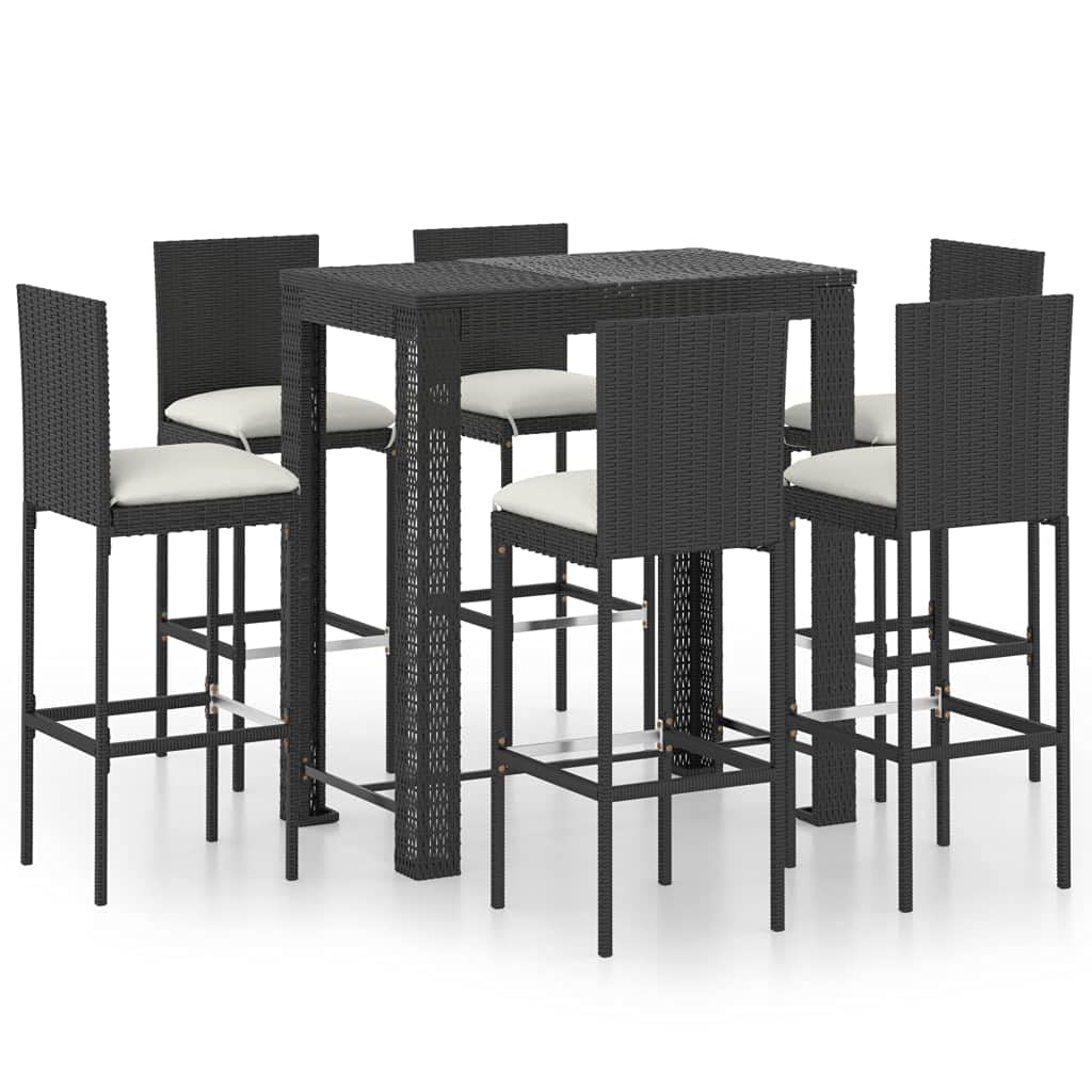 vidaXL Patio Bar Set with Cushions 7 Piece Garden Outdoor Bar Sets Dinner Bistro Dining Table Chair Stool Pub Furniture Seating Poly Rattan Black