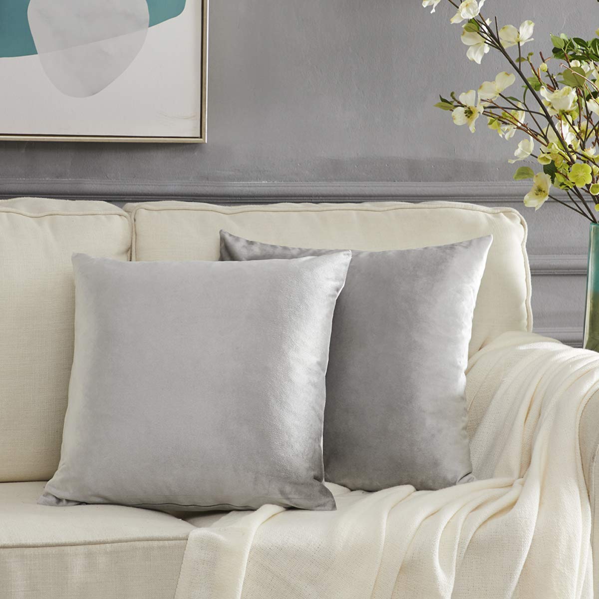 Gigizaza Silver Grey Velvet Decorative Throw Pillow Covers For Sofa Bed 2 Pack Soft Cushion Cover (Silver Grey, 20 X 20- Set Of