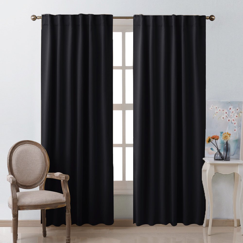 NICETOWN Halloween Black Blackout Living Room Curtains 84 inches Long, Black Out Curtain Panels for Bedroom - (Black Color) W52 