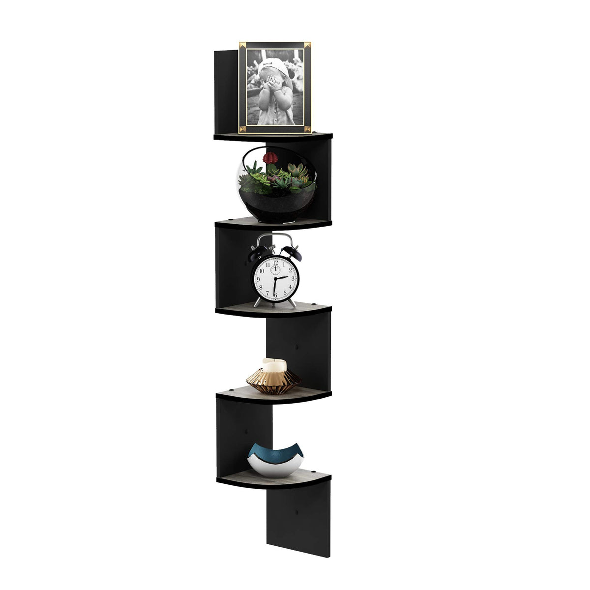 Furinno Rossi Wall Mount Floating Corner Shelf, 5Tier Radial, French Oak Grey/Black