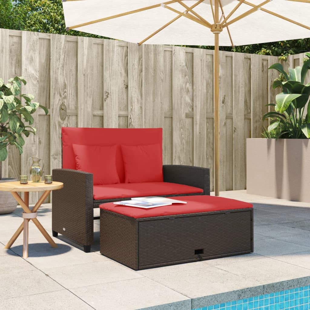 vidaXL Patio Sofa with Cushions 2-Seater Storage Garden Bench Poly Rattan Reclining Sofa Bed Brown with Footstool - Outdoor Seating for Garden, Patio, Deck