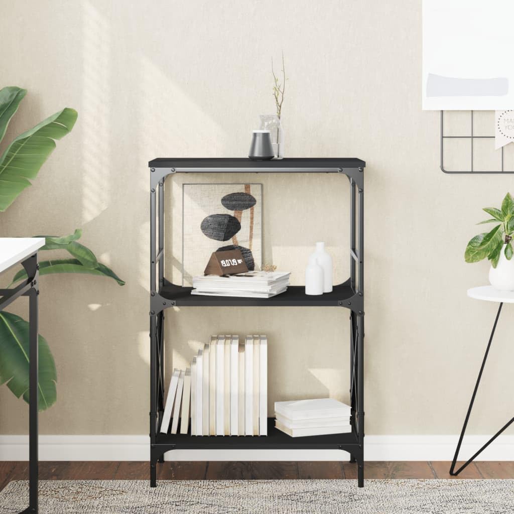 vidaXL Black Bookcase with Engineered Wood Construction, 3-Tier Storage Unit, Industrial Style Metal Frame, Adjustable Feet for Stability - 23.2"x13.8"x35.6"