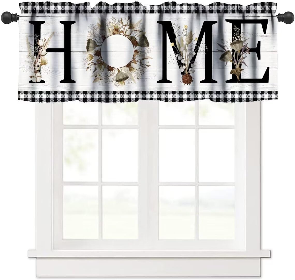 Janjcurt Farmhouse Flower Valance For Kitchen, Rustic Vintage Black White Wooden Board Cotton Flower Buffalo Plaid Rod Pocket Sh
