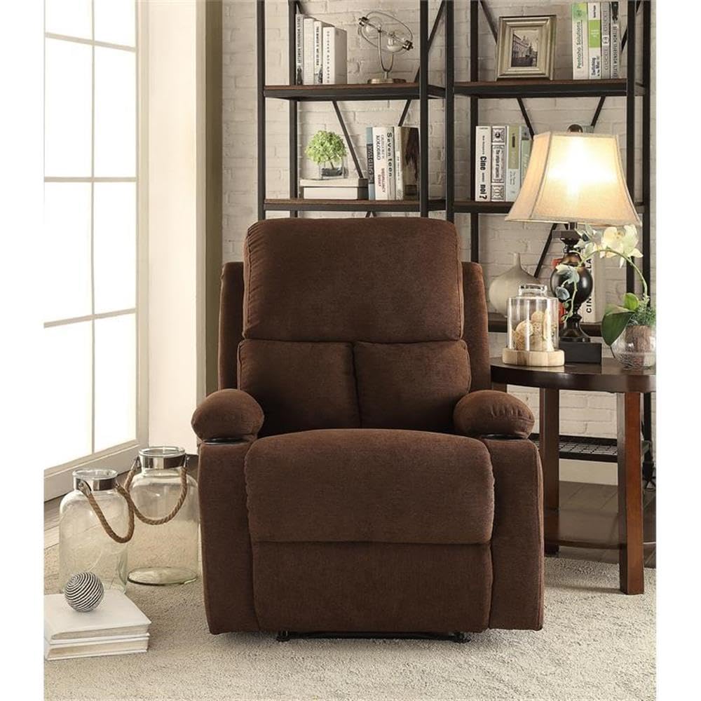 Acme Rosia Motion Recliner With Pillow Top Armrest In Chocolate Fabric