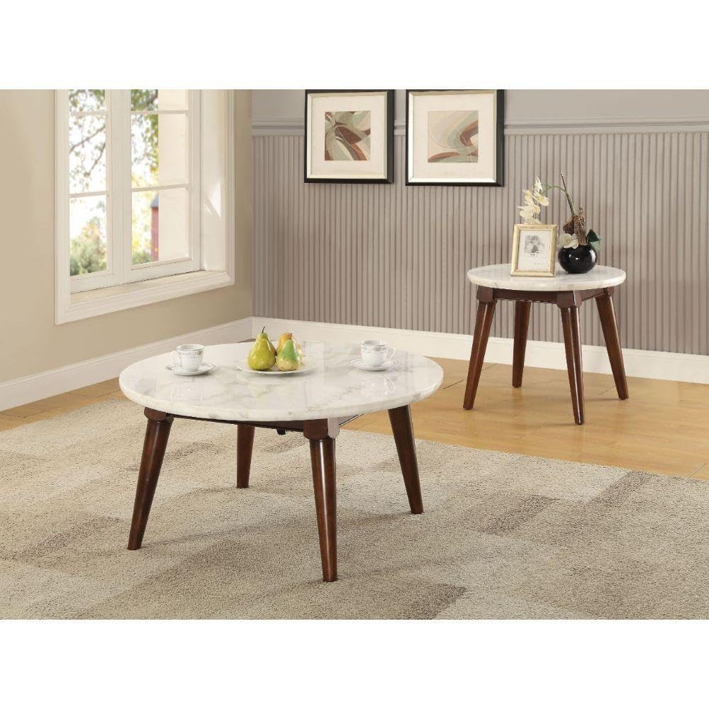 acme AC-82892 End Table, 24" Dia x 22" H, White Marble & Walnut