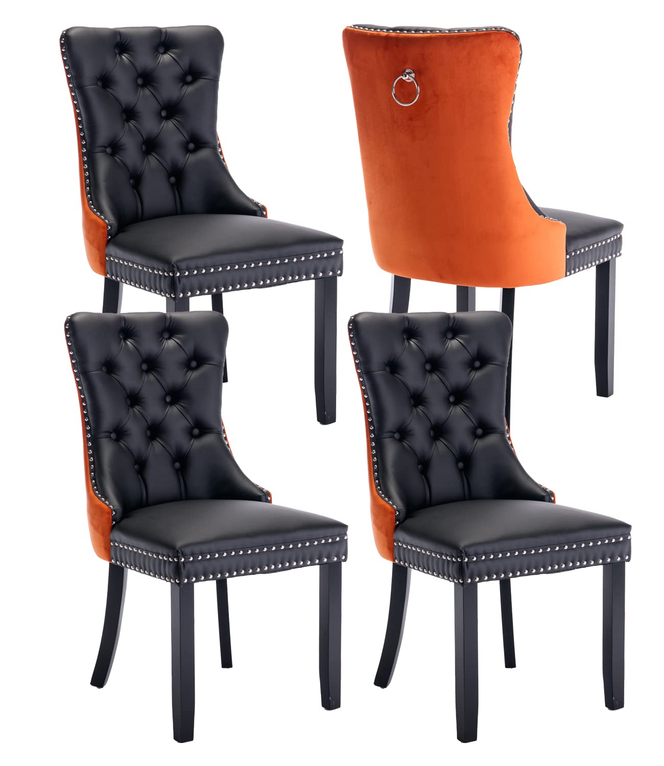 Dining Chairs Set Of 4, Upholstered Dining Room Chairs With Back Ring Pull Trim And Solid Wooden Legs, Modern Tufted Kitchen Cha