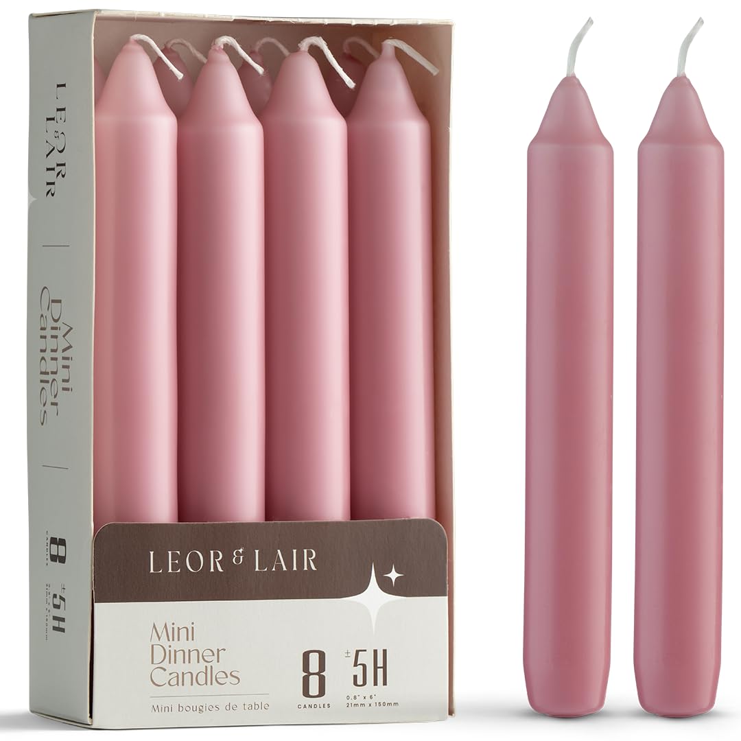 Leor & Lair Light Pink Candlesticks - Pack of 8 Short Taper Candles with Cotton Wick - 5 Hour Burn Light Pink Candles for Weddin