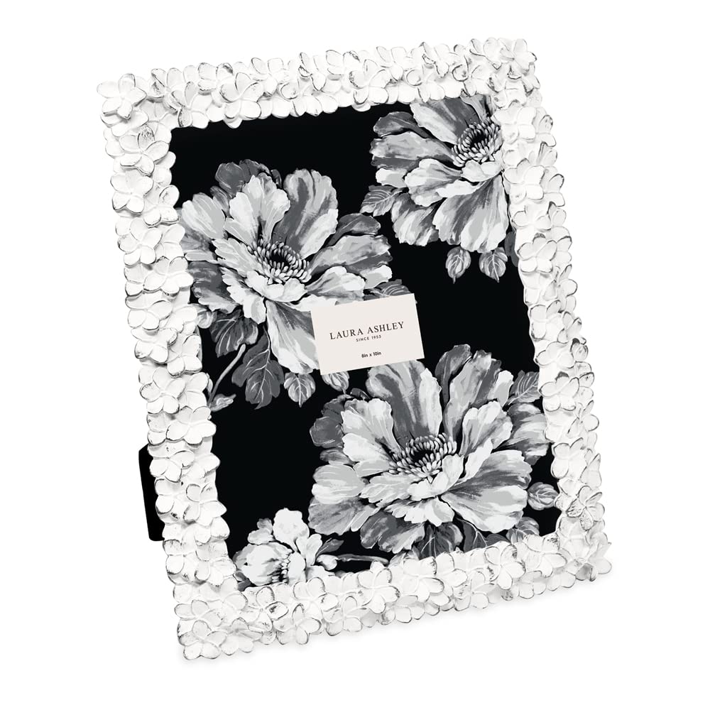 Laura Ashley 8x10 White & SIlver Flower Textured Hand-Crafted Resin Picture Frame w/Easel & Hook for Tabletop & Wall Display, De